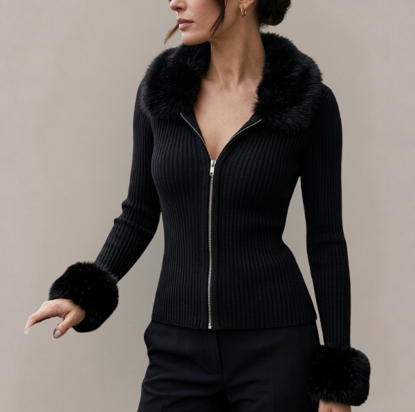 Vivienne - Women's Zip-Front Cardigan with Faux Fur Trim