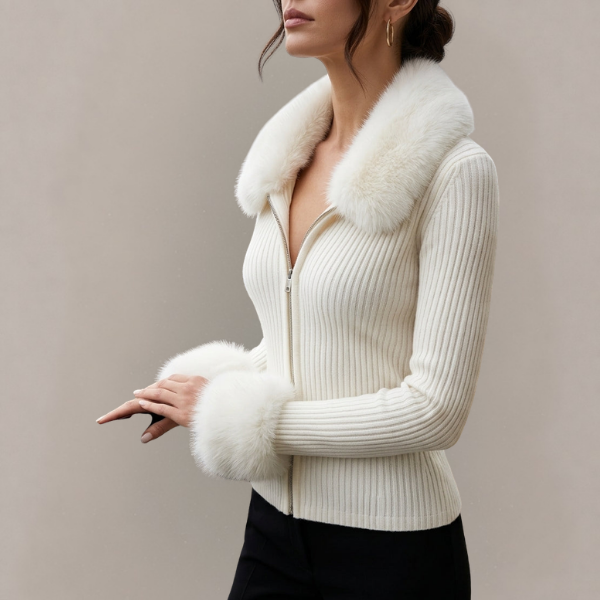 Vivienne - Women's Zip-Front Cardigan with Faux Fur Trim