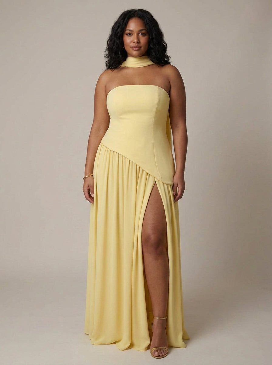 Women’s Strapless Maxi Dress with Asymmetric Waist & Split