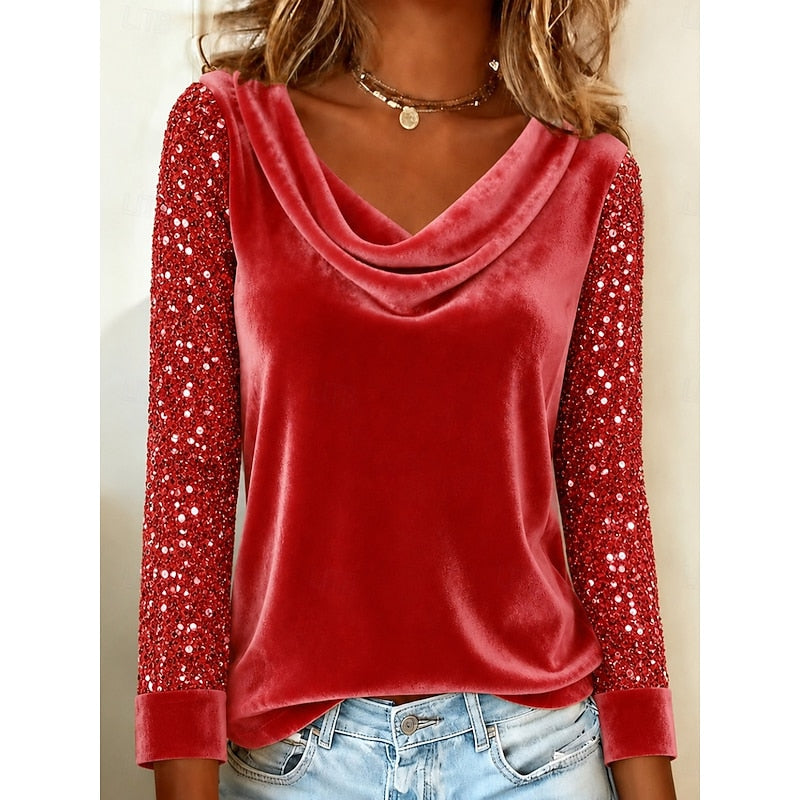 Women's Cowl Neck Top with Sequin Sleeves