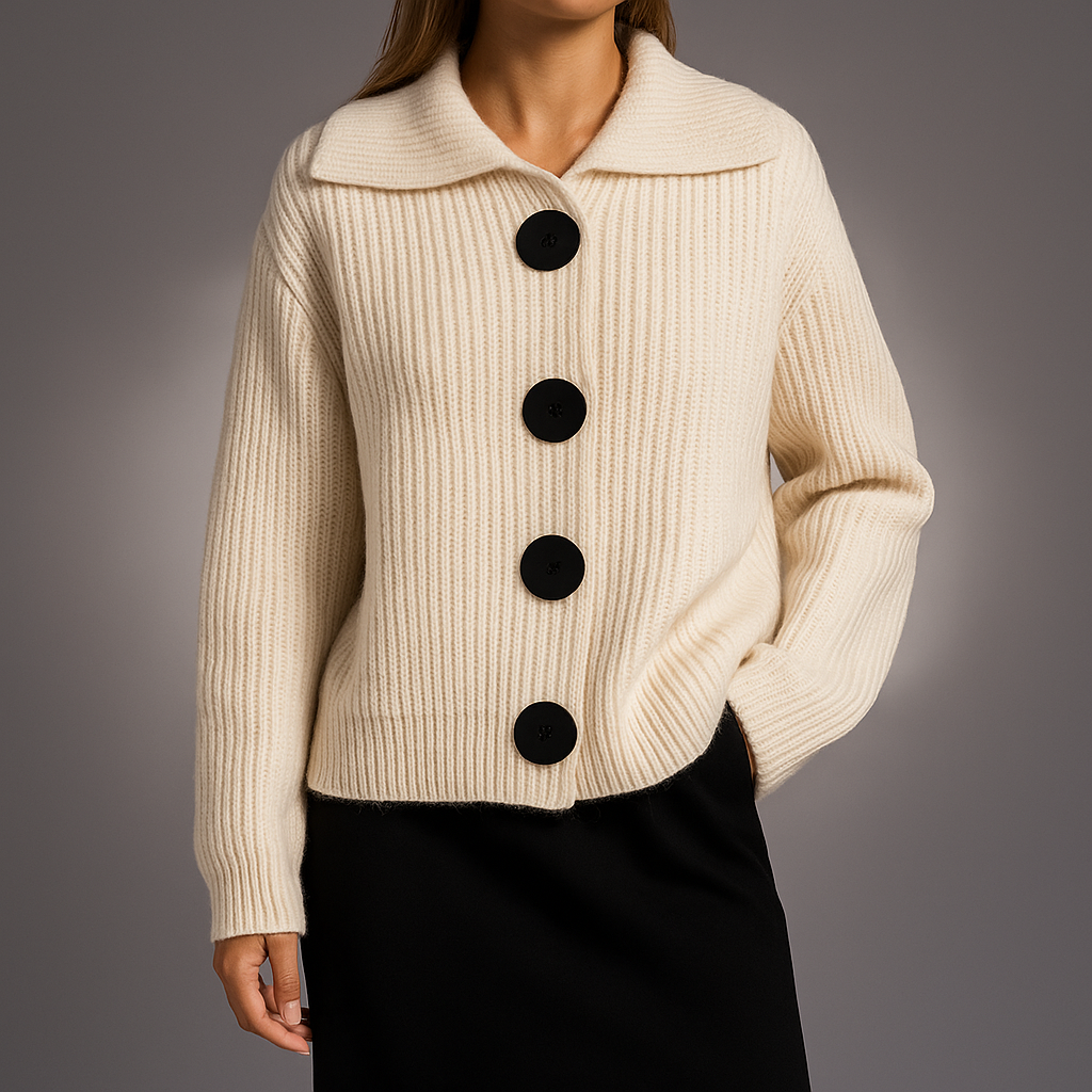 Women's Oversized Ribbed Button-Front Cardigan | Wide Spread Collar, Oversized Buttons, Chunky Knit | 3 Colors