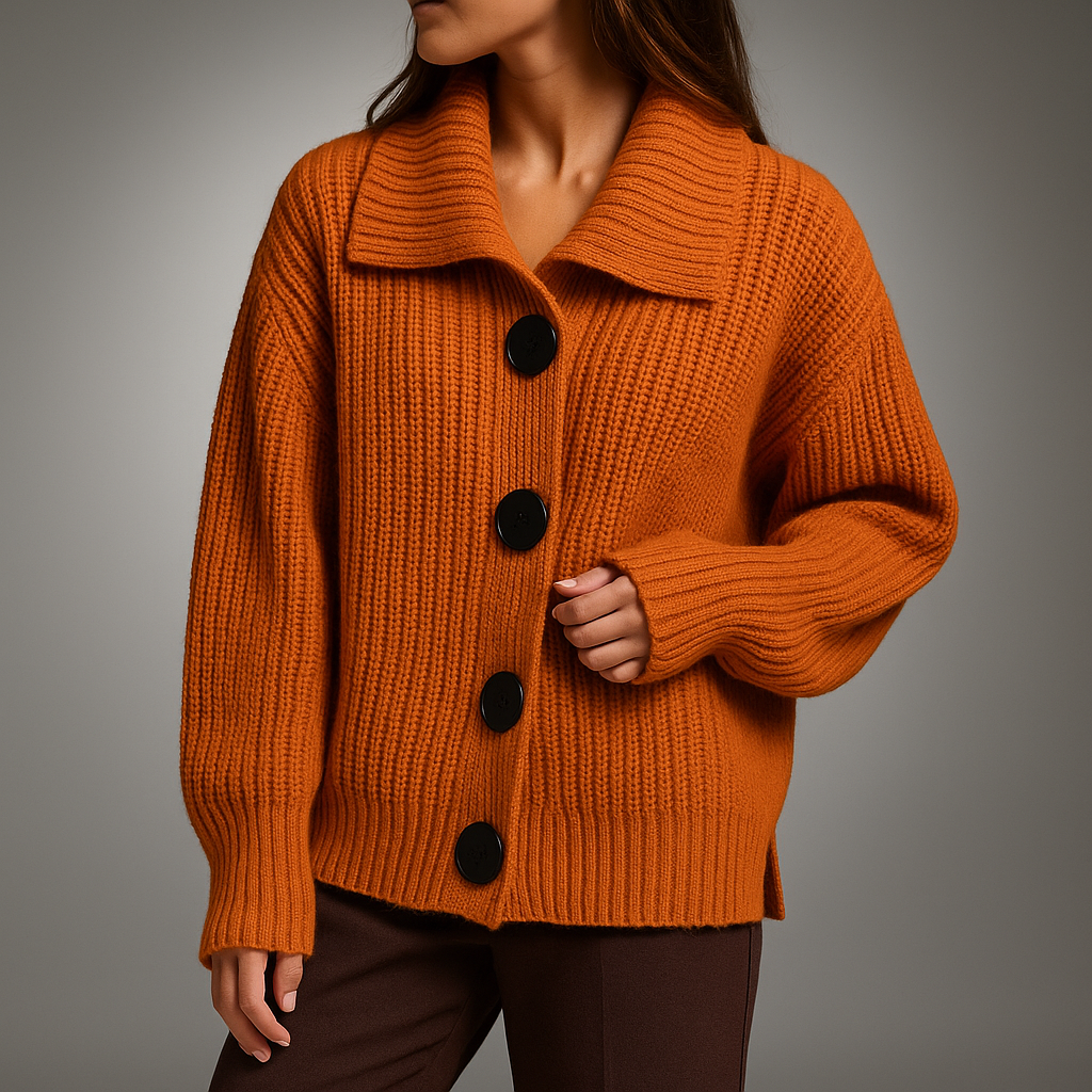 Women's Oversized Ribbed Button-Front Cardigan | Wide Spread Collar, Oversized Buttons, Chunky Knit | 3 Colors