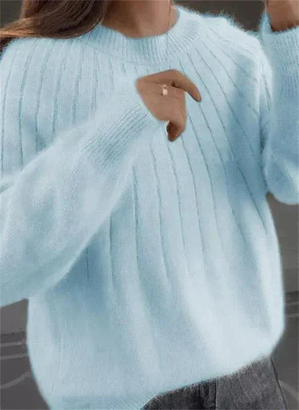 Women's Soft Cashmere Ribbed Knit Sweater with Classic Crew Neck and Relaxed Oversized Fit – Elegant Fluffy Long Sleeve Pullover for Comfortable Autumn and Winter Smart Casual Everyday Wear