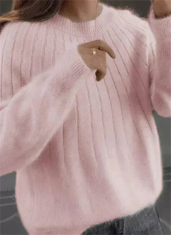 Women's Soft Cashmere Ribbed Knit Sweater with Classic Crew Neck and Relaxed Oversized Fit – Elegant Fluffy Long Sleeve Pullover for Comfortable Autumn and Winter Smart Casual Everyday Wear