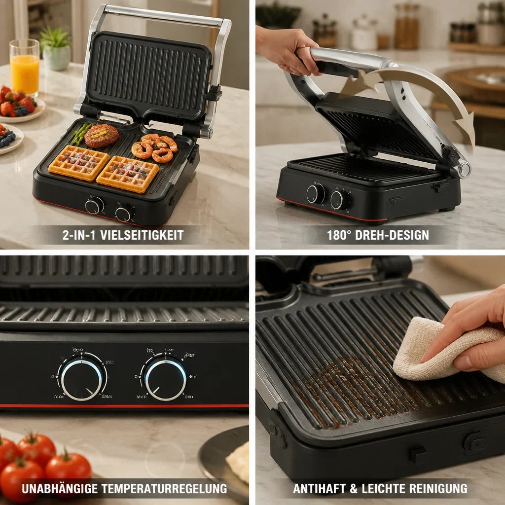 Waffle & Grill Maker | 180° Rotating Non-Stick Plates | 1500W