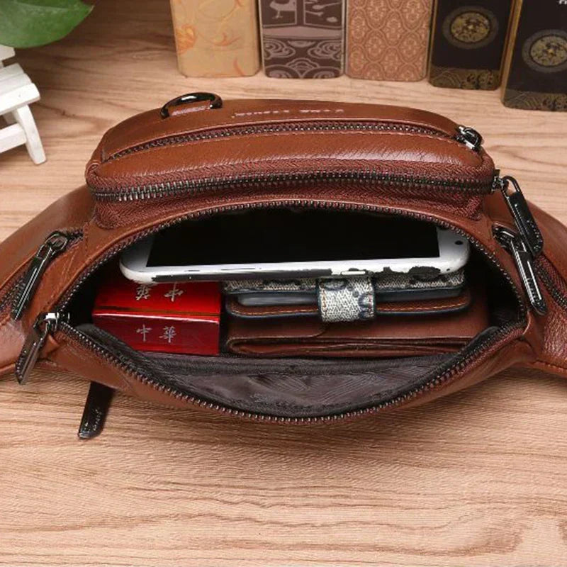Waist Bag | Genuine Cowhide Leather & Multi-Pocket | Adjustable Strap Up To 130 cm