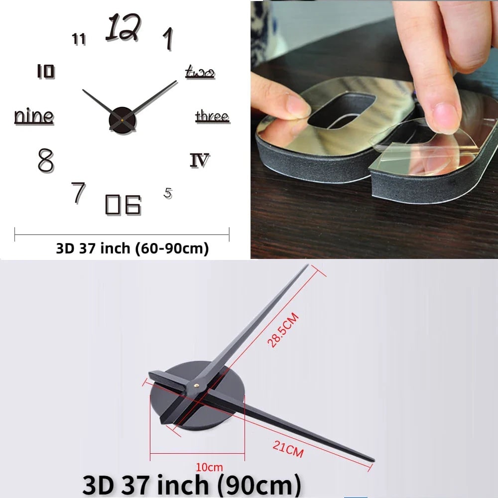 Wall Clock with 3D Self-Adhesive Numbers and Silent Battery Operated Mechanism