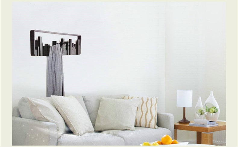 Wall Coat Rack and Hat with 5 Flip-Down Hooks Cityscape Silhouette Mounted Design