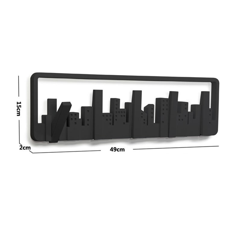 Wall Coat Rack and Hat with 5 Flip-Down Hooks Cityscape Silhouette Mounted Design