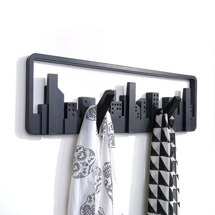 Wall Coat Rack and Hat with 5 Flip-Down Hooks Cityscape Silhouette Mounted Design