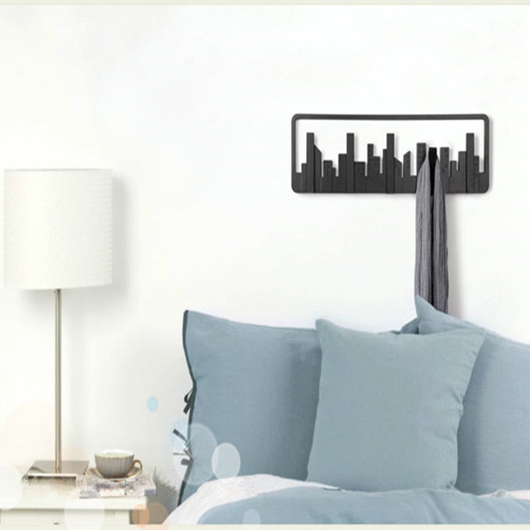 Wall Coat Rack and Hat with 5 Flip-Down Hooks Cityscape Silhouette Mounted Design