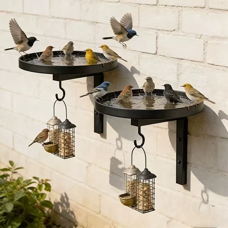 Wall-Mounted Bird Bath | Weatherproof Iron & 2-in-1 Basin & Hook | 20 cm Basin