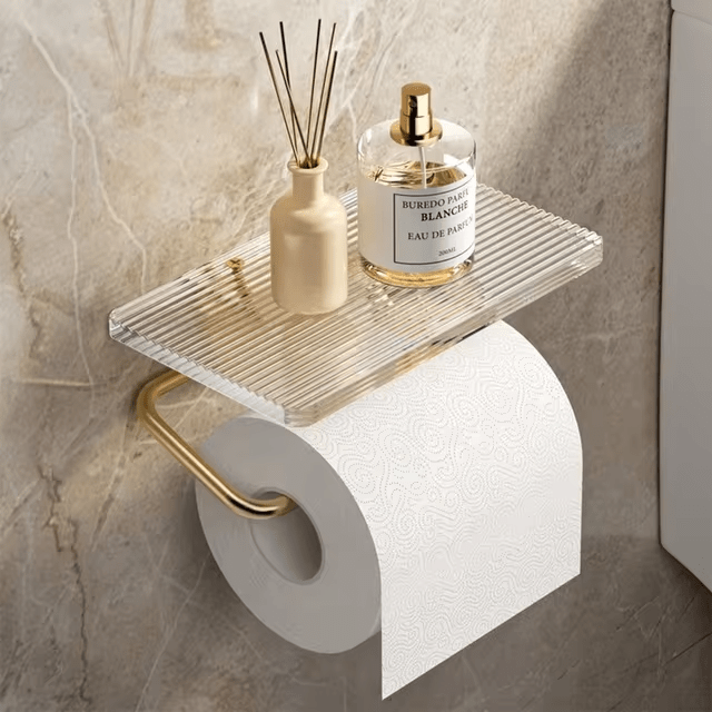Wall-Mounted Toilet Paper Holder with Integrated Acrylic Shelf and Metal Arm