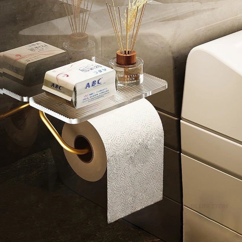 Wall-Mounted Toilet Paper Holder with Integrated Acrylic Shelf and Metal Arm