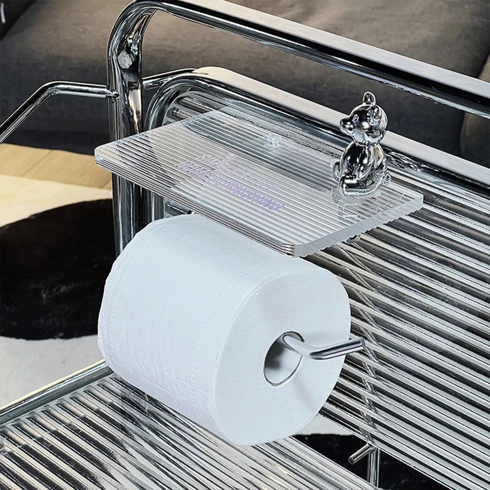 Wall-Mounted Toilet Paper Holder with Integrated Acrylic Shelf and Metal Arm
