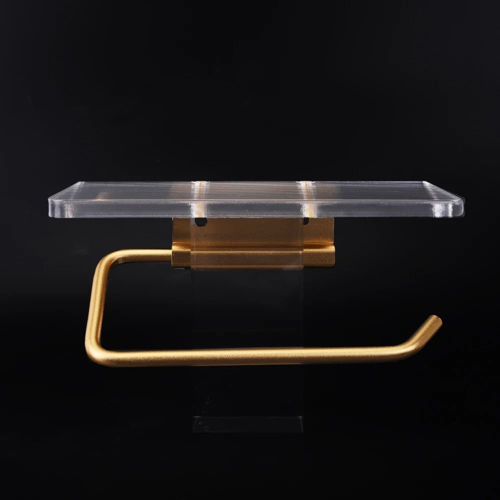 Wall-Mounted Toilet Paper Holder with Integrated Acrylic Shelf and Metal Arm