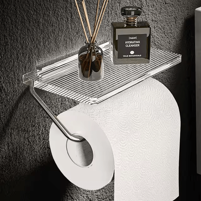 Wall-Mounted Toilet Paper Holder with Integrated Acrylic Shelf and Metal Arm