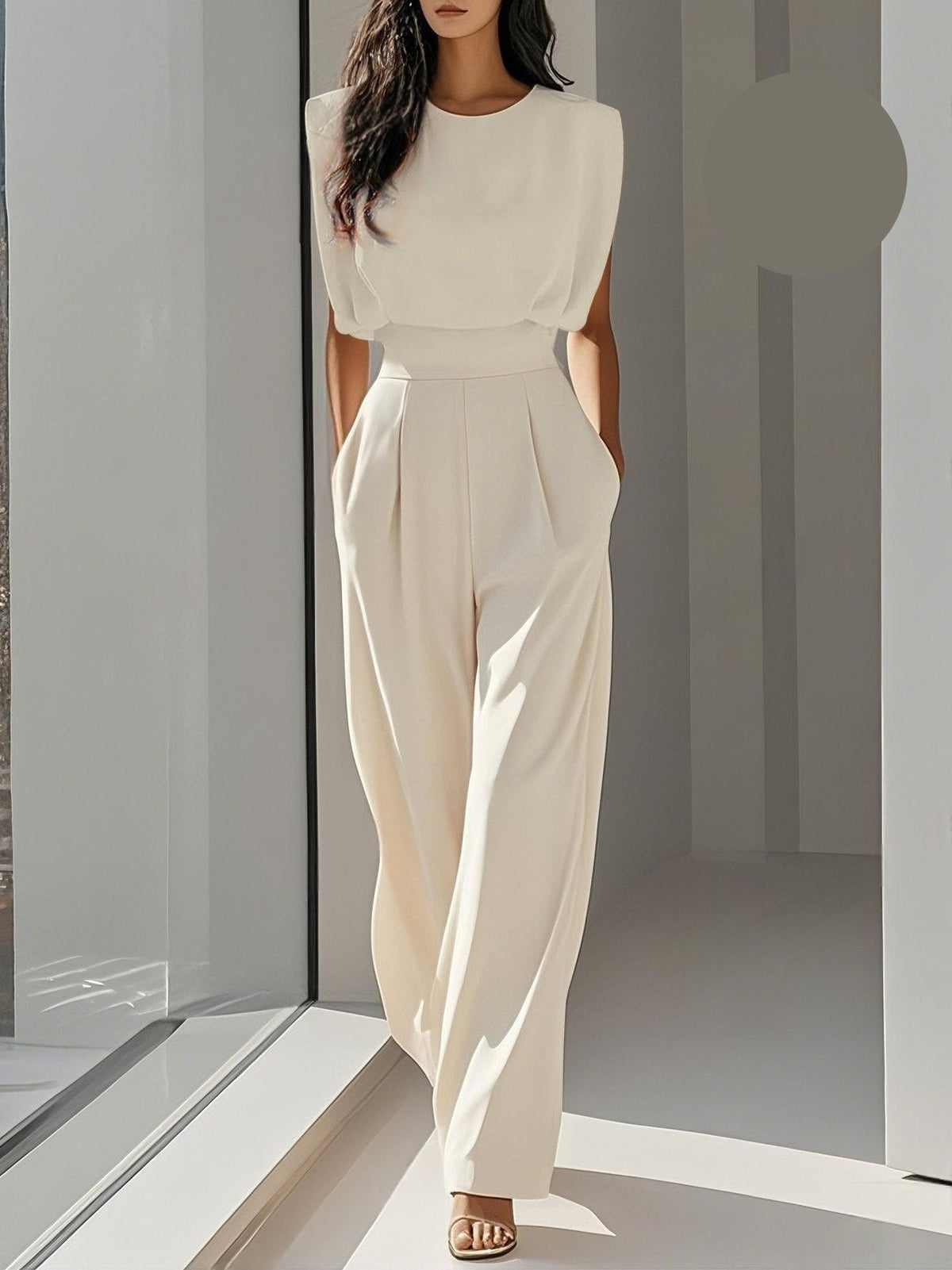 Women's Tailored Wide-Leg Jumpsuit with Structured Shoulders – Elegant High-Waist Style for Office and Evening Wear
