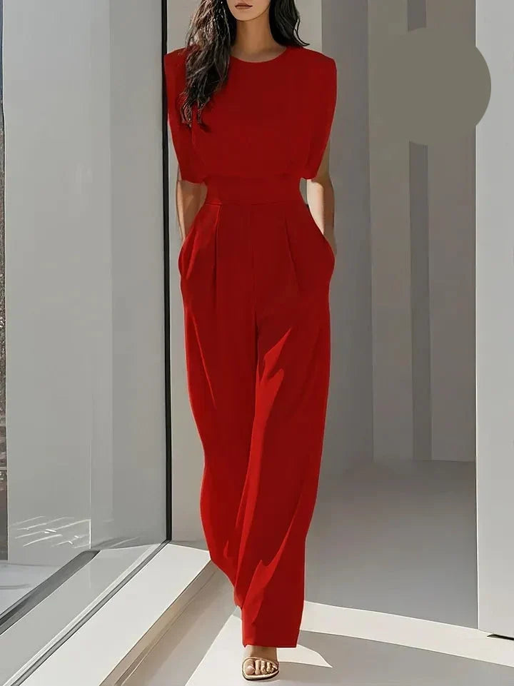 Women's Tailored Wide-Leg Jumpsuit with Structured Shoulders – Elegant High-Waist Style for Office and Evening Wear