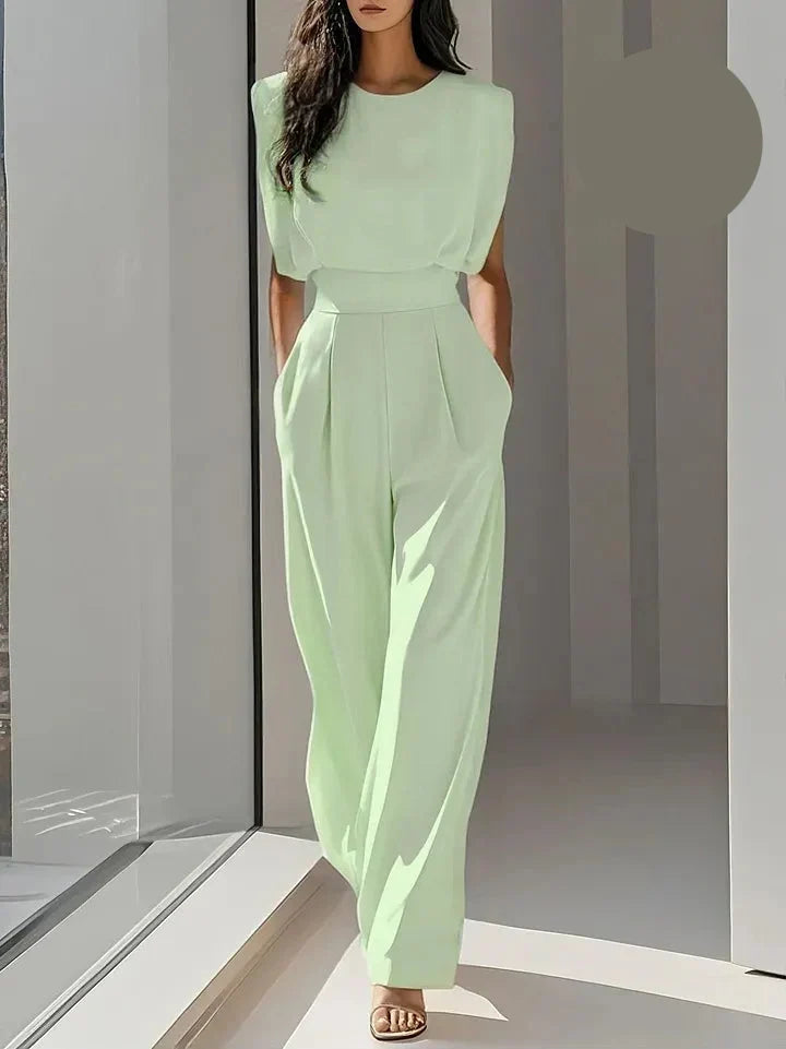 Women's Tailored Wide-Leg Jumpsuit with Structured Shoulders – Elegant High-Waist Style for Office and Evening Wear