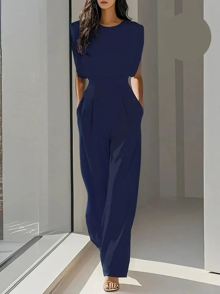 Women's Tailored Wide-Leg Jumpsuit with Structured Shoulders – Elegant High-Waist Style for Office and Evening Wear