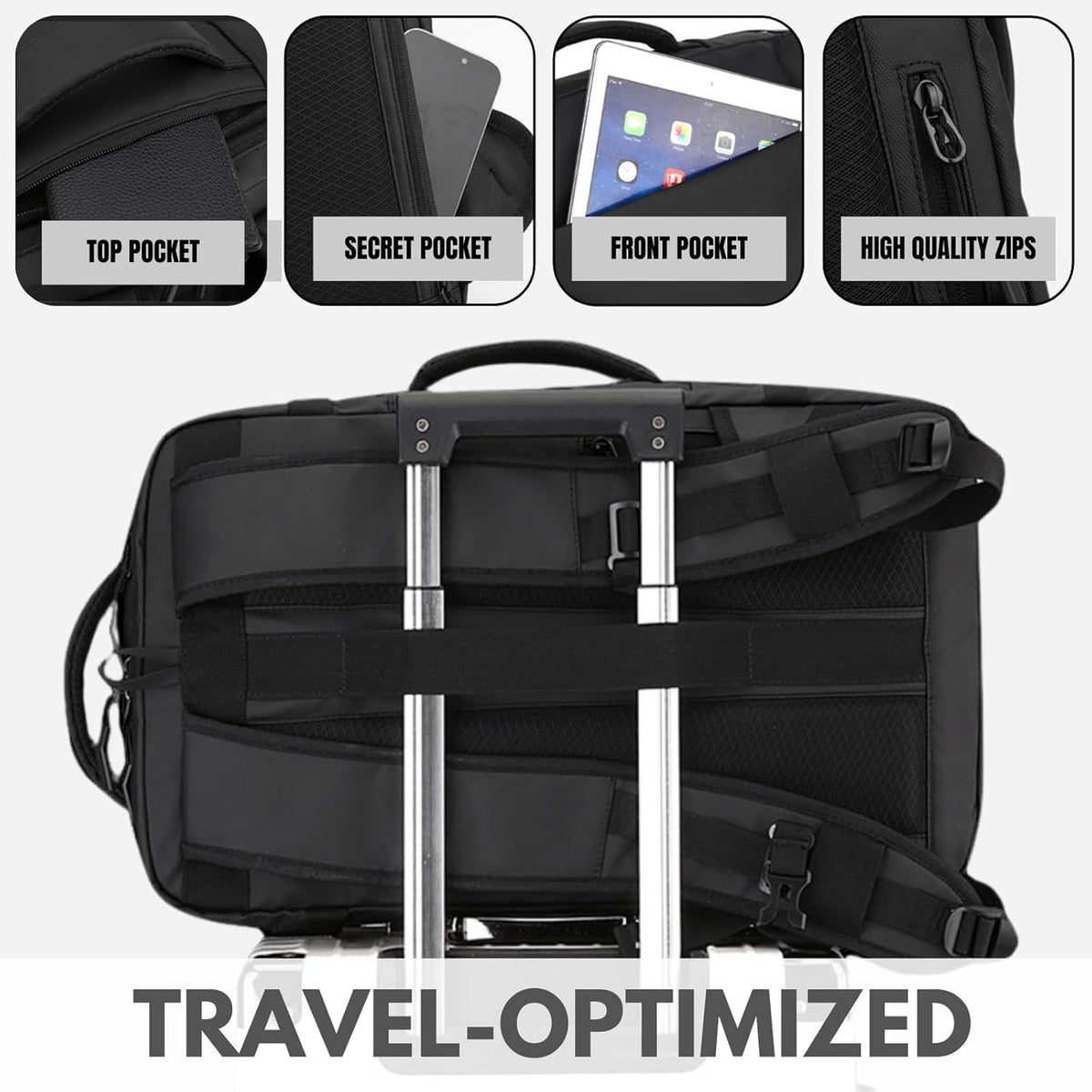 Waterproof Travel Backpack with Laptop Compartment USB Port and Trolley Sleeve