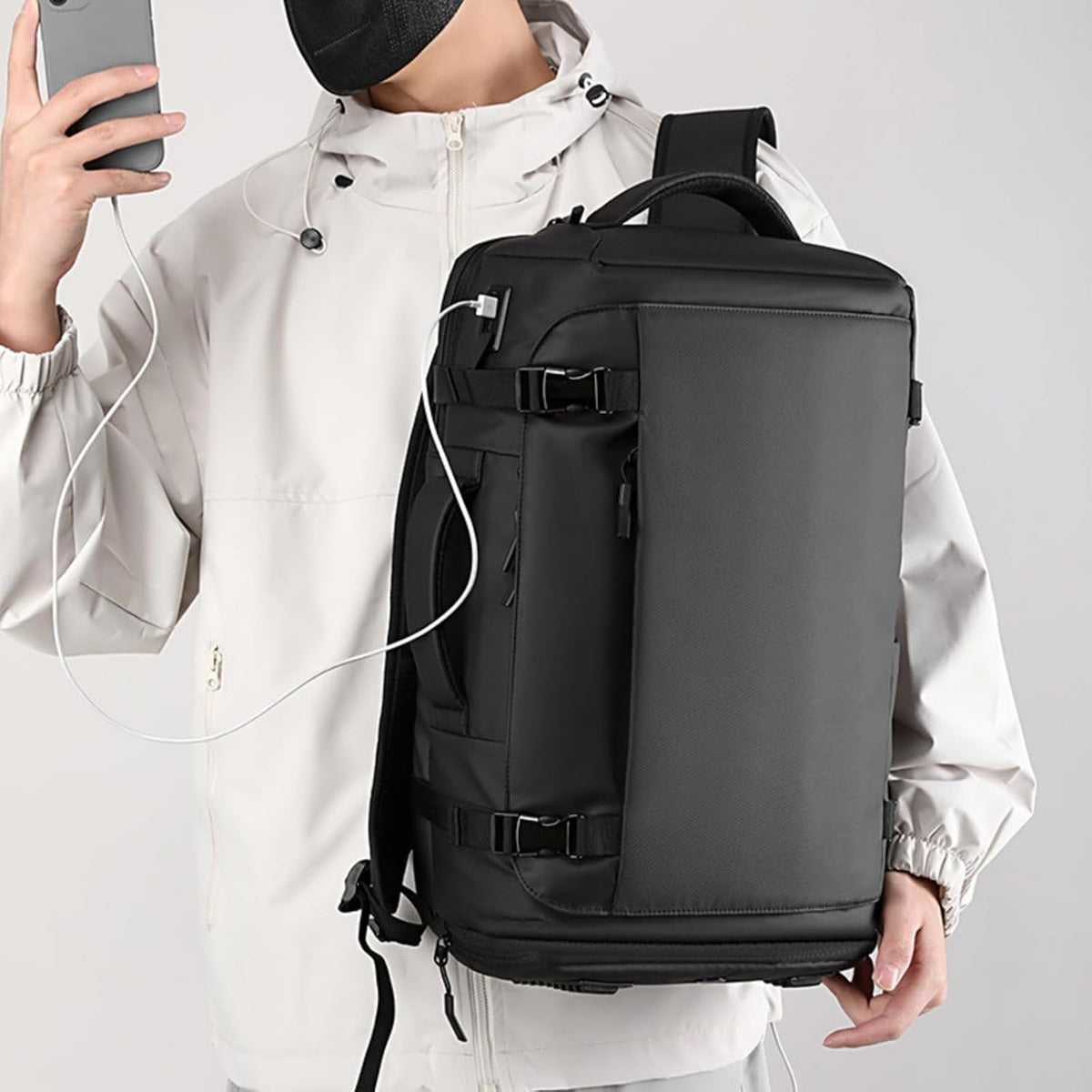 Waterproof Travel Backpack with Laptop Compartment USB Port and Trolley Sleeve