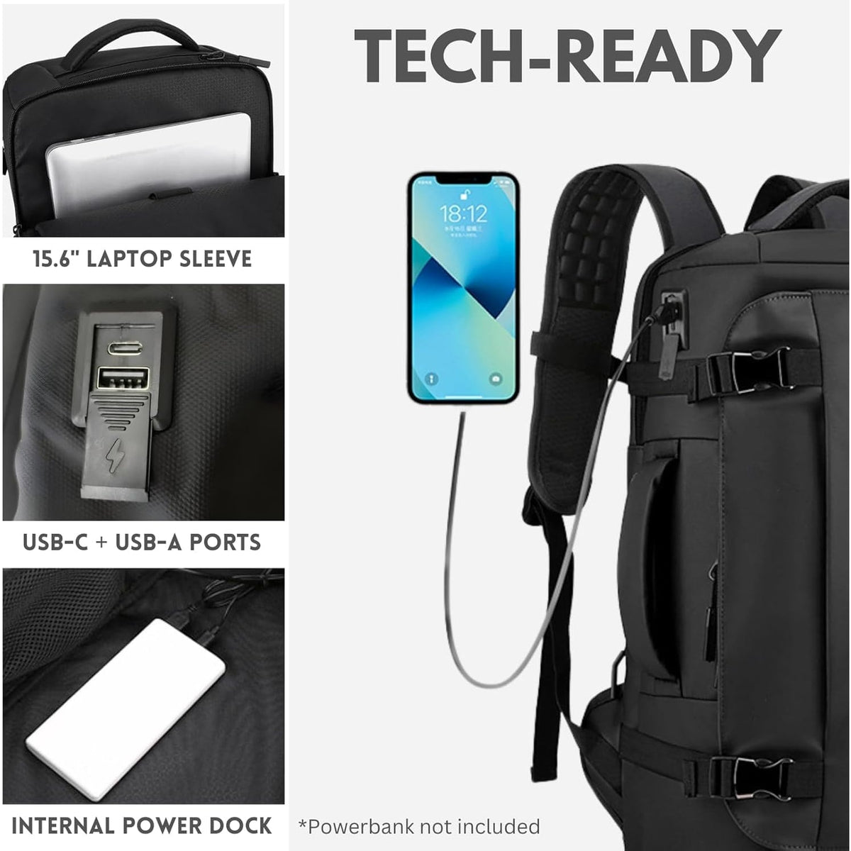 Waterproof Travel Backpack with Laptop Compartment USB Port and Trolley Sleeve
