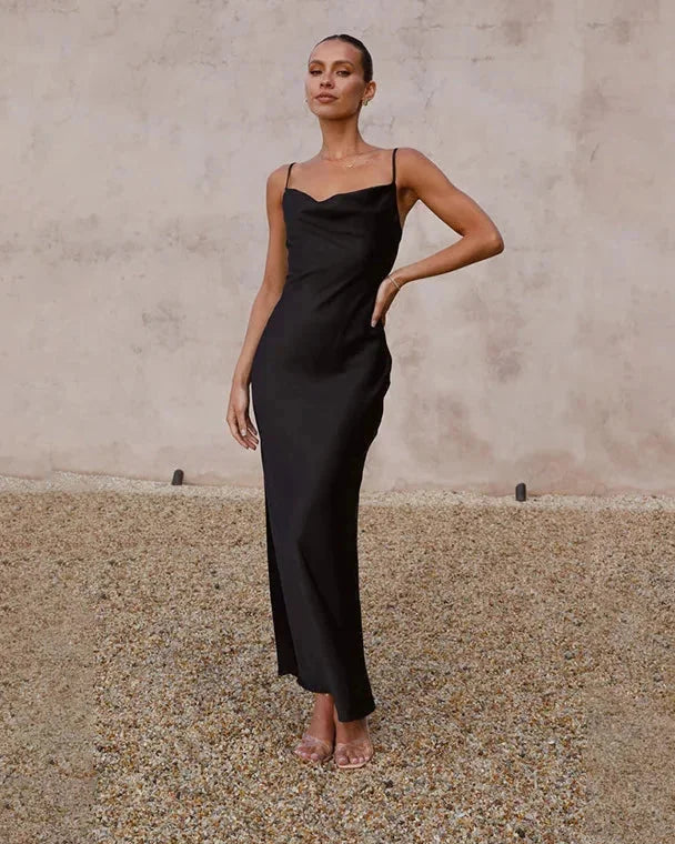 Wedding Guest Dress – Black Cowl Neck Satin Maxi