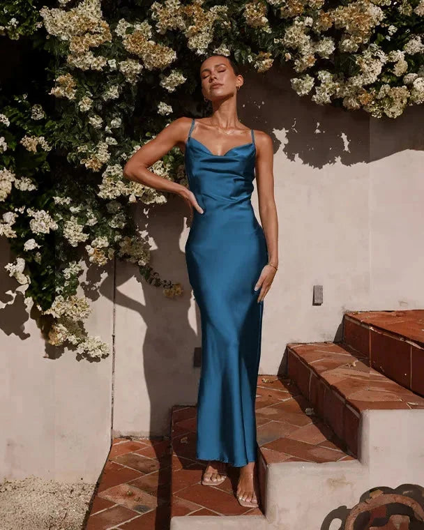 Wedding Guest Dress – Black Cowl Neck Satin Maxi