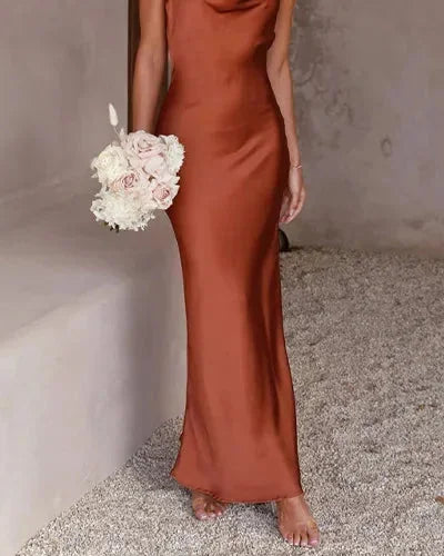 Wedding Guest Dress – Black Cowl Neck Satin Maxi
