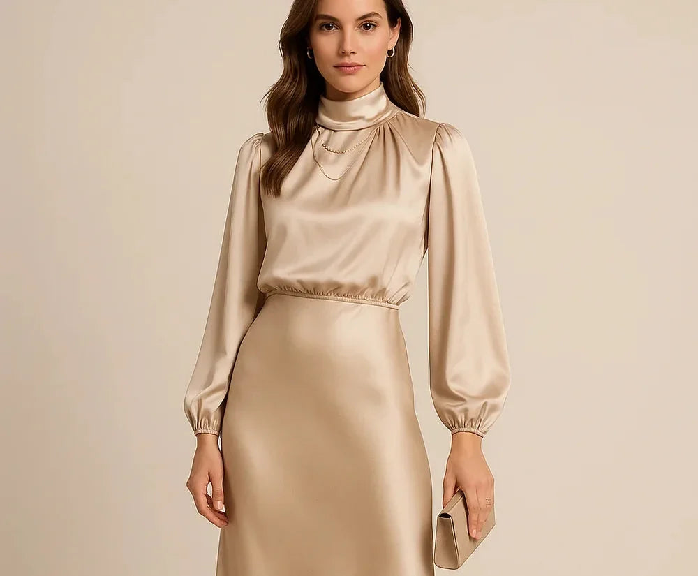 Wedding Guest Dress – Black Roll Neck Satin Midi