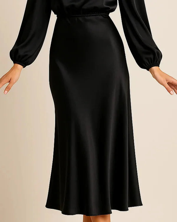 Wedding Guest Dress – Black Roll Neck Satin Midi