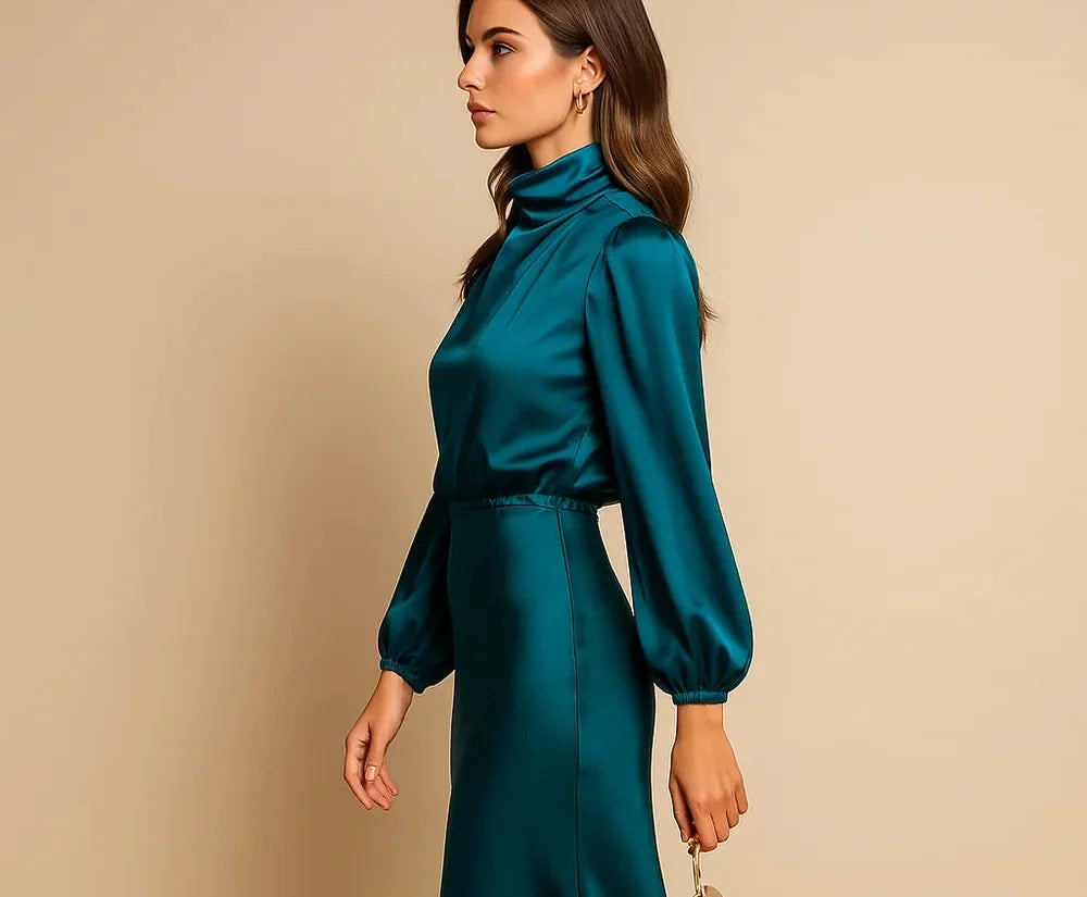 Wedding Guest Dress – Black Roll Neck Satin Midi