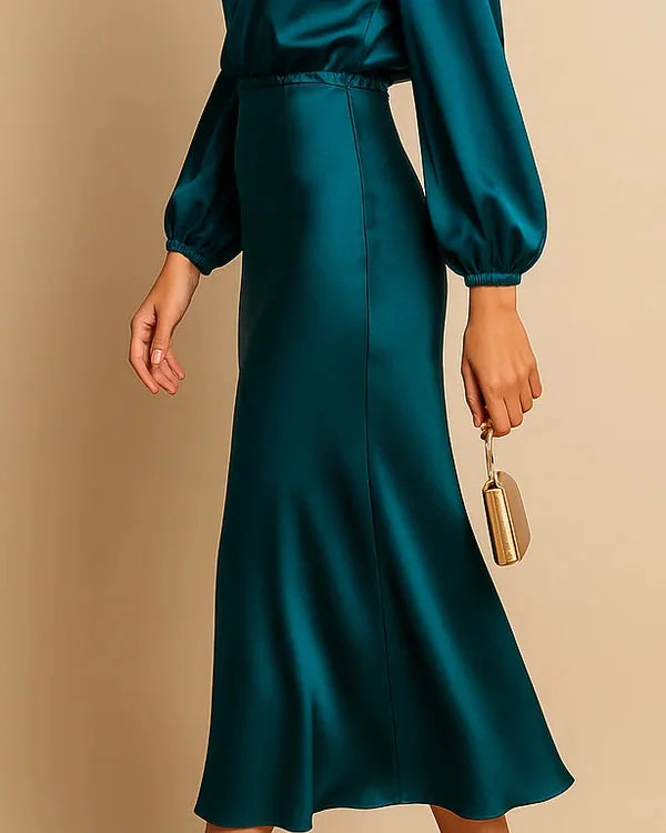 Wedding Guest Dress – Black Roll Neck Satin Midi