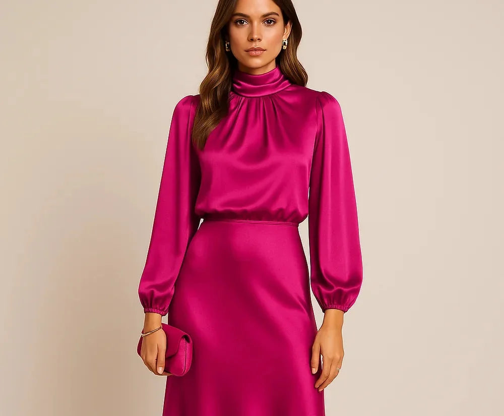 Wedding Guest Dress – Black Roll Neck Satin Midi