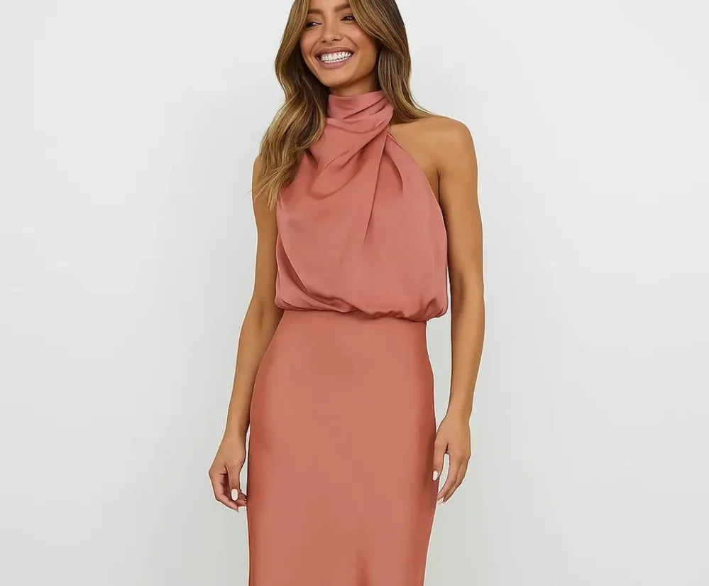 Wedding Guest Dress – Dark Red Halter Satin Maxi
