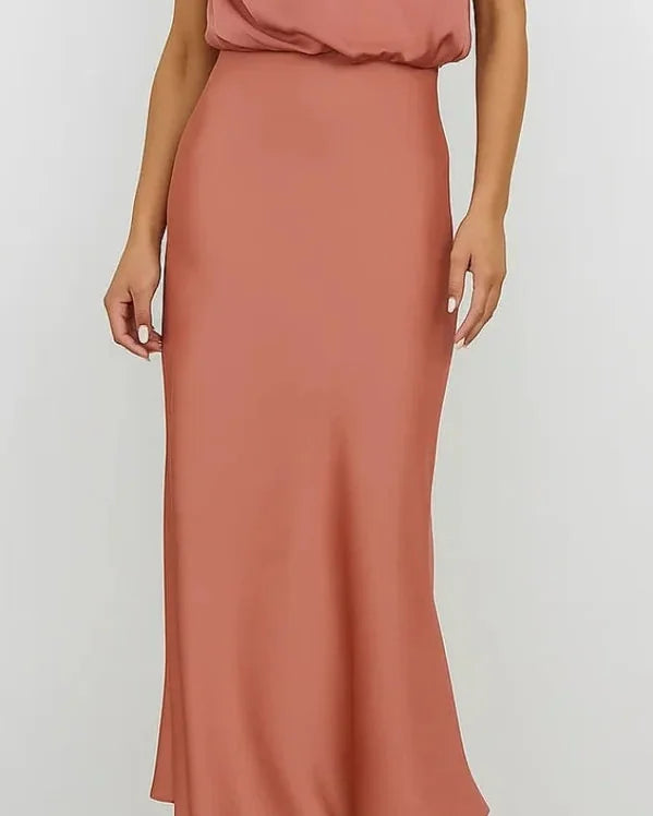 Wedding Guest Dress – Dark Red Halter Satin Maxi