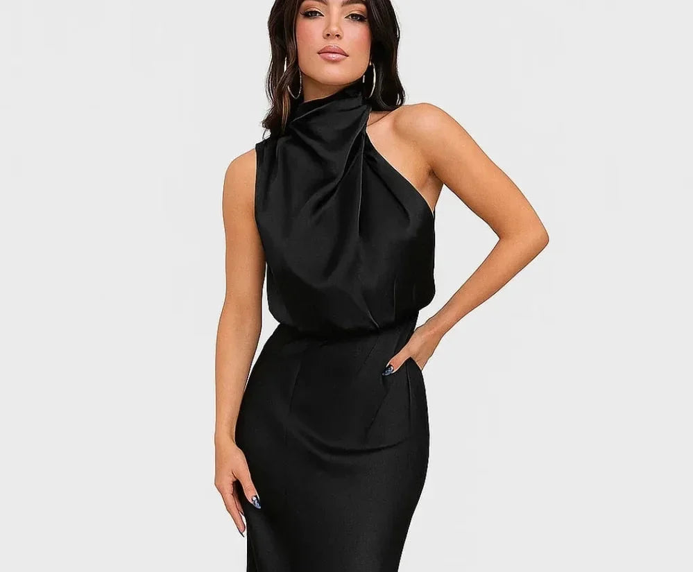 Wedding Guest Dress – Dark Red Halter Satin Maxi