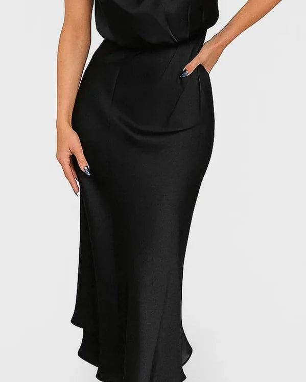 Wedding Guest Dress – Dark Red Halter Satin Maxi