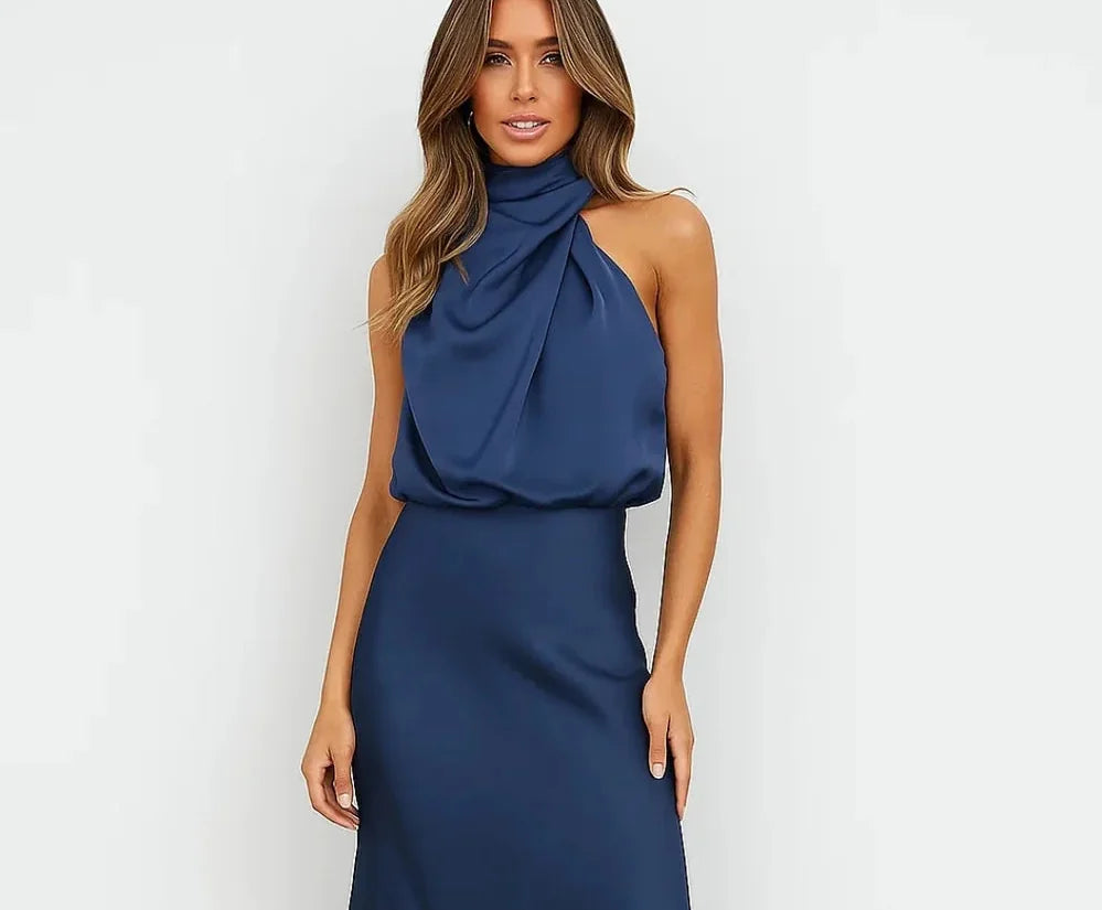 Wedding Guest Dress – Dark Red Halter Satin Maxi