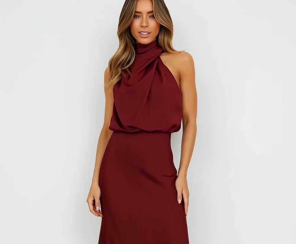 Wedding Guest Dress – Dark Red Halter Satin Maxi