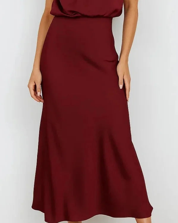 Wedding Guest Dress – Dark Red Halter Satin Maxi