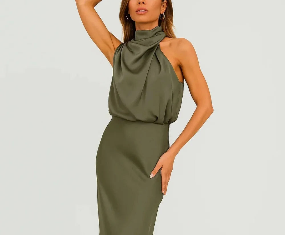 Wedding Guest Dress – Dark Red Halter Satin Maxi