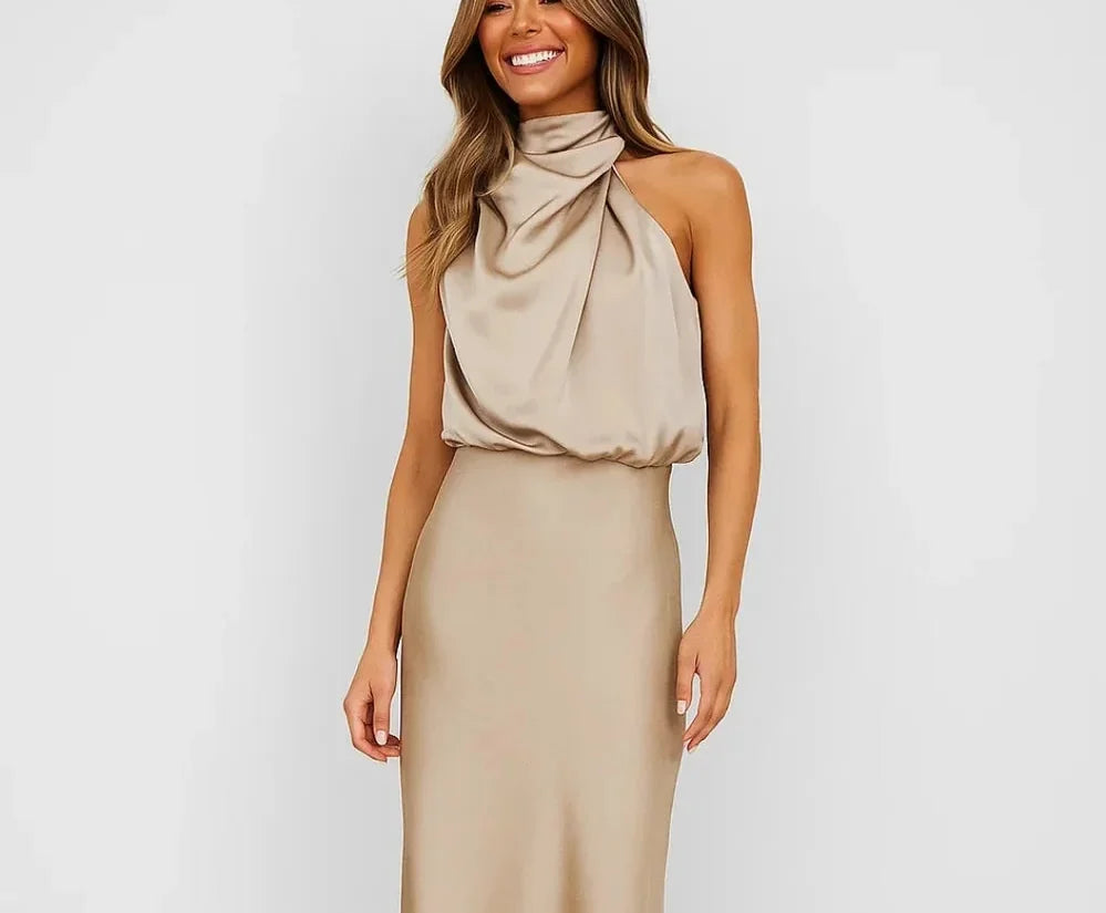 Wedding Guest Dress – Dark Red Halter Satin Maxi
