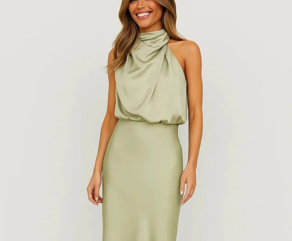 Wedding Guest Dress – Dark Red Halter Satin Maxi