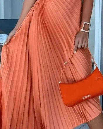 Wedding Guest Dress – Red One-Shoulder Pleated Maxi
