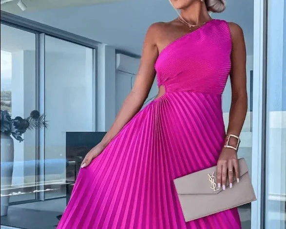 Wedding Guest Dress – Red One-Shoulder Pleated Maxi