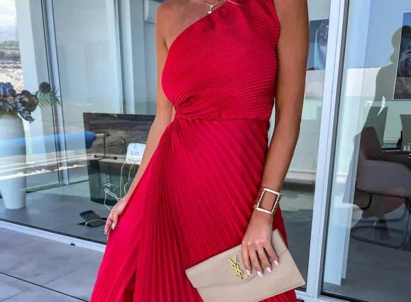 Wedding Guest Dress – Red One-Shoulder Pleated Maxi