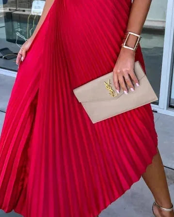 Wedding Guest Dress – Red One-Shoulder Pleated Maxi